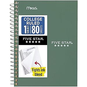 $1.63* | Five Star Spiral College Ruled Personal Size Notebook (7" x 4-3/8", 80 Sheets) at Amazon