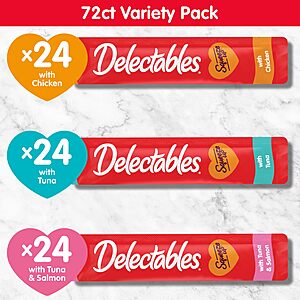 $49.92 or less S&S/Clip Q/Promo 144 ct (2 x 72) Delectables Squeeze Up Variety Pack, Creamy Squeezable Puree, Lickable Wet Cat Treats, Grain Free, No Added Fillers, No by-Products,