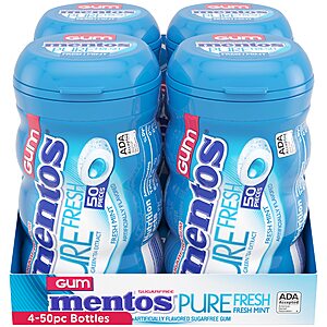 MINT Mentos Pure Fresh Sugar-Free Chewing Gum with Xylitol, Fresh Mint, 50 Piece Bottle (Pack of 4) $8.37