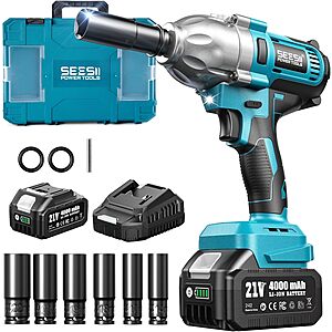 Seesii 21V 1/2" Cordless Impact Wrench 665 FT-LBS w/ 4.0Ah Battery, 6 Sockets & Case $54.14 + Free Shipping