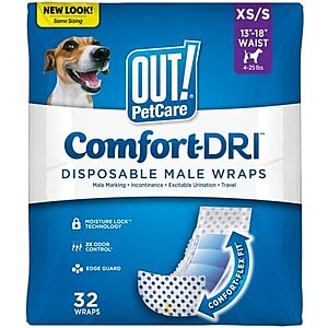 [SnS, AC] $11.40 | 32-Count OUT! PetCare Disposable Dog Diapers Male (XS/S) at Amazon