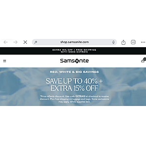 Samsonite Save up to 40% Off Plus Extra 15% Off + Free Shipping Use code EXTRA15