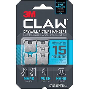 5-Pack 3M Claw 15-Pound Drywall Picture Hangers w/ Spot Markers $5.19 + Free Shipping w/ Prime or on $35+