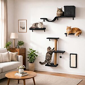 5-in-1 ZLAFM Wall Mounted Multi-Level Cat Climbing Shelves w/ Bed, Cave, Scratching Post & Perch (Natural Wood Dark Grey) $35.00 + Free Shipping