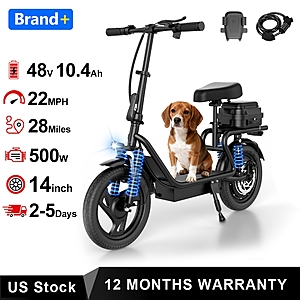 AOVOPRO 500W Folding Electric Bike 14" 48V 10.4Ah 28Mile Range 22mph Max Speed $130 +Free Shipping
