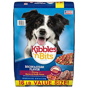 $10.50 S&S CLIP Q Kibbles 'n Bits Dry Dog Food, Savory Bacon & Steak Flavor for Adult Dogs or SMALL BREED OPTION 16 lb. Bag