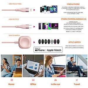Apple Watch Charger Multi Charging Cable 6FT, Nylon Braided USB AM Port to Lightning Type C USB C Cord iWatch Magnetic Wireless 3 in 1 Charging Wire $4.49