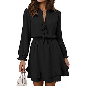 Angashion Women's V-Neck Long Sleeve Tie Front Mini Dress w/ Pockets (Various) $9.99 + Free Shipping w/ Prime or on $35+