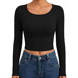 Ekouaer Women's Long Sleeve Scoop Neck Crop Top (Black or White) $4.99 + Free Shipping w/ Prime or on $35+