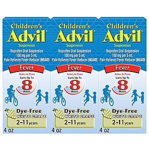 $7.30 or less S&S/Q AMAZON: Pack of 3 Advil Children's 2-11 years old Pain Reliever and Fever Reducer,  Liquid  for Children, White Grape - 4 Fl Oz