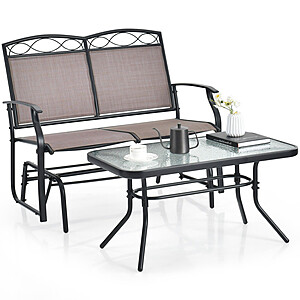 Costway Outdoor Metal Gliding Loveseat Chair w/ Tempered Glass Coffee Table $104 + Free Shipping