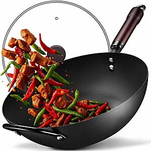 Prime: 13" FGJ Pre-Seasoned Carbon Steel Wok with Glass Lid $22.43 + Free Shipping