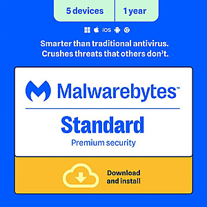 Malwarebytes Standard (Premium Security) - 5 Devices / 1 Year - Download $22.99