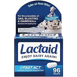 Select Accounts: Lactaid Fast Act 96-Count Lactase Enzyme Caplets for Lactose Intolerance $9.87 w/ S&S + Free Shipping
