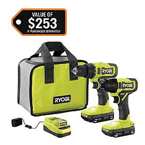 $99: RYOBI ONE+ 18V Cordless 2-Tool Combo Kit with Drill/Driver, Impact Driver, (2) Compact Batteries, and Charger at HomeDepot
