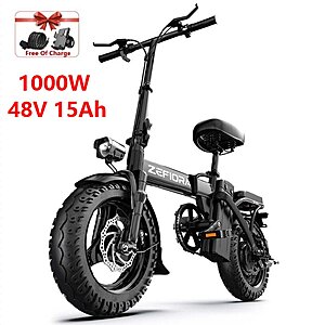 ZEFIORA Z10 1000W 48V 15Ah 30mph Folding Electric Bike for Adults Dual Seat 14in All-Terrain Tires Disc Brake integrated headlight & taillight $191 + Free Shipping