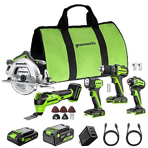 GREENWORKS 24V (5-TOOL) Combo (Drill + Impact Driver + Circular Saw + Multi-Tool + Flashlight), 4.0Ah + 2.0Ah (24,000mAh Power Bank) Batteries $225.66