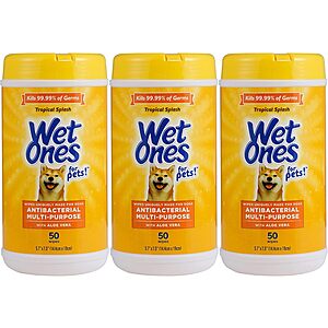 3-Pack 50-Count Wet Ones for Pets Antibacterial Dog Wipes w/ Aloe Vera (Tropical Splash) $5.62 w/ S&S + Free Shipping w/ Prime or on $35+
