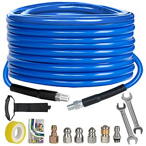 Sewer Jetter Kit for Pressure Washer 50FT, 4000 PSI Drain Cleaner Hose 1/4 Inch NPT, Corner Rotating and Button Hose Sewer Jetting Nozzle Pearl Corsage Pin Tape Handle Strap $19.63