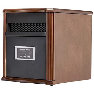 Amazon Basics Portable Space Heater with Remote Control, Adjustable Thermostat, Indoor Use, Energy-Saving Setting, LED Display, Classic Wood Casing, 1500W, $29.25