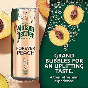{S&S ClipQ} $9.33 or less Maison Perrier Forever Peach or Grapefruit Flavored Sparkling Water, 11.15 Fl Oz Cans, 8 Count, 3 Pack (24 cans)