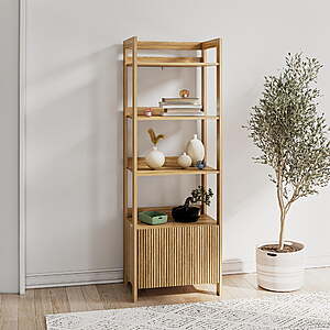 Mainstays 4-Shelf Reeded Bookcase with Drawer, Natural Teak, $64.68, FS, Walmart