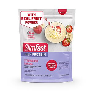 SlimFast High Protein Smoothie Mix Plus Fruit Powder, High Protein Meal Replacement Powder, 21 Servings, 1.29 Pounds, Strawberry Banana, $15.96, Amazon