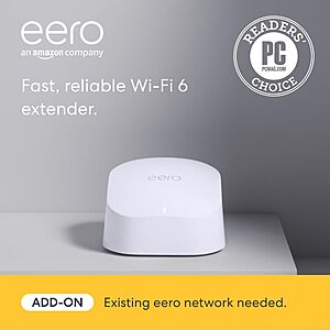 Amazon eero 6 mesh wifi add-on extender - Add up to 1,500 sq. ft. of Wi-Fi 6 coverage. Required eero mesh wifi system not included $49.99