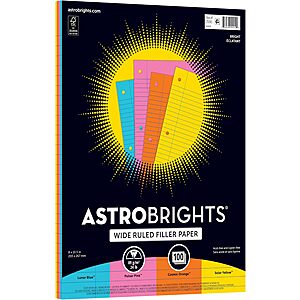 100-Count Astrobrights Wide Ruled Filler Paper, 8" x 10.5" (Assorted Colors) $3.32 + Free Shipping w/ Prime or on $35+