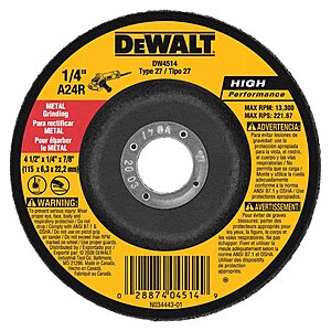 DeWALT 1/4" Thick Grinding Wheel (4.5" Diameter, 7/8" Arbor) $1.76 + Free Shipping w/ Prime or on $35+