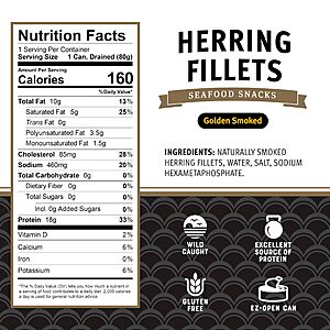 $16.49 S&S/Q (YMMV) Brunswick Golden Smoked Herring Fillets, 3.25 oz Can (Pack of 12) - 18g Protein per Serving - Gluten Free, Keto Friendly -