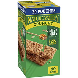 Nature Valley Crunchy Oats 'n Honey Granola Bars, 60 Bars, 44.7 OZ (30 Pouches)~$5.55 After Coupon & S&S @ Amazon