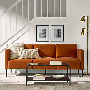 Better Homes & Gardens Wyatt Velvet Sofa, Copper pipe, Sea Turtle or Blue Cove colors, $237, FS, Walmart