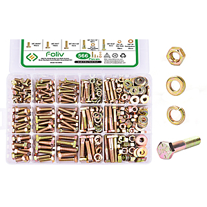 566-Piece FOLIV Grade 8 Hex Bolts & Nuts Assortment Kit (1/4-20, 5/16-18, 3/8-16) $22.88 + Free Shipping w/ Prime or on $35+