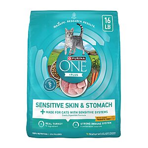 S&S Purina ONE Sensitive Stomach, Sensitive Skin, Natural Dry Cat Food, +Plus Sensitive Skin and Stomach Formula - 16 lb. Bag $16.61