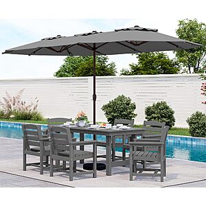 SERWALL 8-Piece Patio Dining Sets with 15FT Double Side Patio Umbrella, Outdoor HDPE Dining Furniture Set with Umbrella Hole Cut-Out Table and 6 Chairs, Gray $699.99