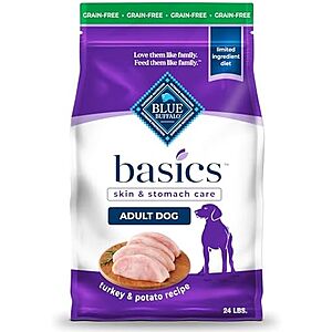 [SnS, AC] $24.65 | Blue Buffalo Basics Grain-Free Adult Dry Dog Food, Skin & Stomach Care, Limited Ingredient Diet for Dogs, Turkey Recipe, 24-lb. Bag at Amazon