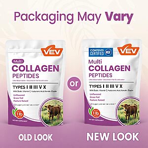 VEV Multi Collagen Peptides Powder, NSF Certified, 16 oz – Hydrolyzed Collagen Types I, II, III, V & X, with Hyaluronic Acid, Biotin & Vitamin C $12