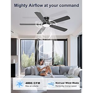 Phylluz 52'' Flush Mount Ceiling Fan with Lights, Space-Saving Low Profile for Low Ceilings, App/Remote Control, Safe Quiet DC Motor for Bedroom Living Room, Dimmable, Black $47.98