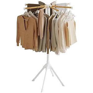 SONGMICS Foldable Clothes 1-Tier Drying Rack w/ Bamboo Hanging Rods (White & Natural) $25.99 + Free Shipping w/ Prime or on $35+