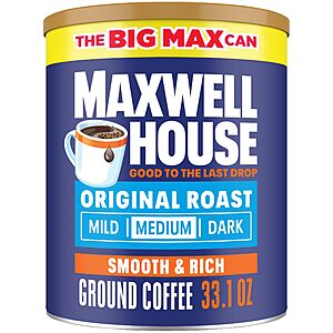 $11.81 or less S&S CLIP Q YMMV AMAZON Maxwell House Original Roast Ground Coffee, 33.1 oz Canister