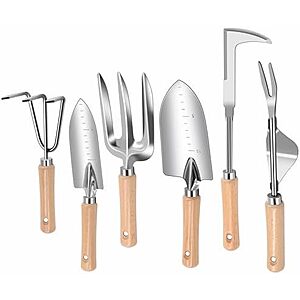 $9.99* | 6-Pc DWFKHT Stainless Steel Garden Weeding Tools w/ Ergonomic Wooden Handle at Amazon
