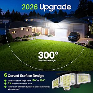 TuyLuxe 2026 Motion Sensor Solar Lights Outdoor Waterproof, 4000LM Solar Flood Lights with Dual PIR & Curved 300° Wide Beam-2Pack Black $17.98