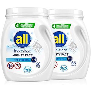 [SnS, AC] $30.34 | 2 × 2-Pack 66-Count all free clear, Original, MIGHTY PACS Laundry Detergent Pacs for Sensitive Skin ($15.17 each) at Amazon