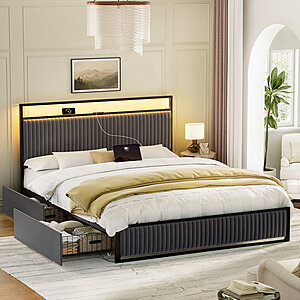 Ebern Designs Antioch Upholstered Platform Bed with 2-Drawer Storage and Charging Station (Full, Dark Grey) $181.99 + Free Shipping