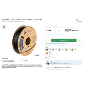 $20 Polymaker 1.75mm PolyFlex TPU95 Filament (750g, Black)