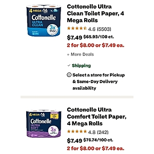 2-Count Cottonelle Ultra Comfort Toilet Paper, 4 Mega Roll for $8
