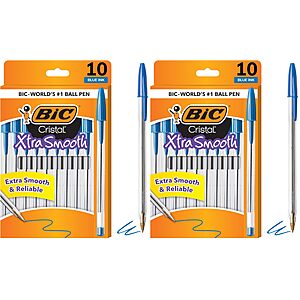 BIC Ballpoint Pen, Medium Point, Blue | Cristal Xtra Smooth | 1.0mm | 10-Count | Pack of 2 $1.94