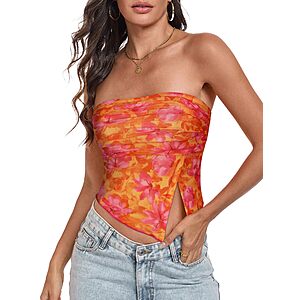 CHICGAL Strapless Floral Mesh Crop Top (Orange Pink, Various Sizes) $7.19 + Free Shipping w/ Prime or on $35+