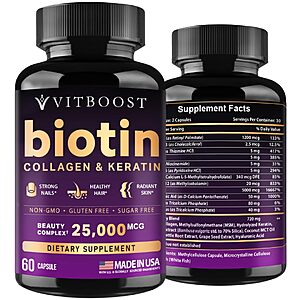 [S&S] VITBOOST Biotin with Hyaluronic Acid, Collagen and Keratin – 25000 mcg Hair Growth Vitamins for Men and Women 60 Capsules $14.36